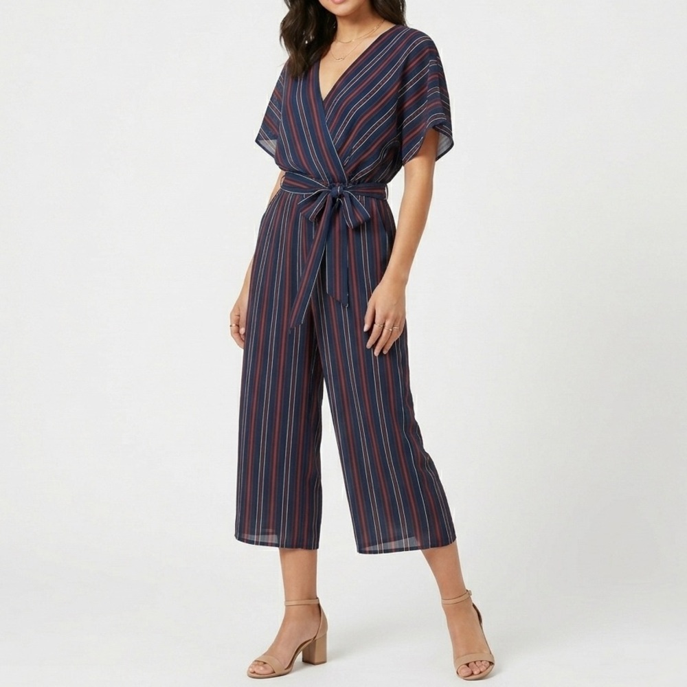 SIENNA SKY Striped Surplice Tie-Waist Jumpsuit Nautical Coastal Boho Blue Red S